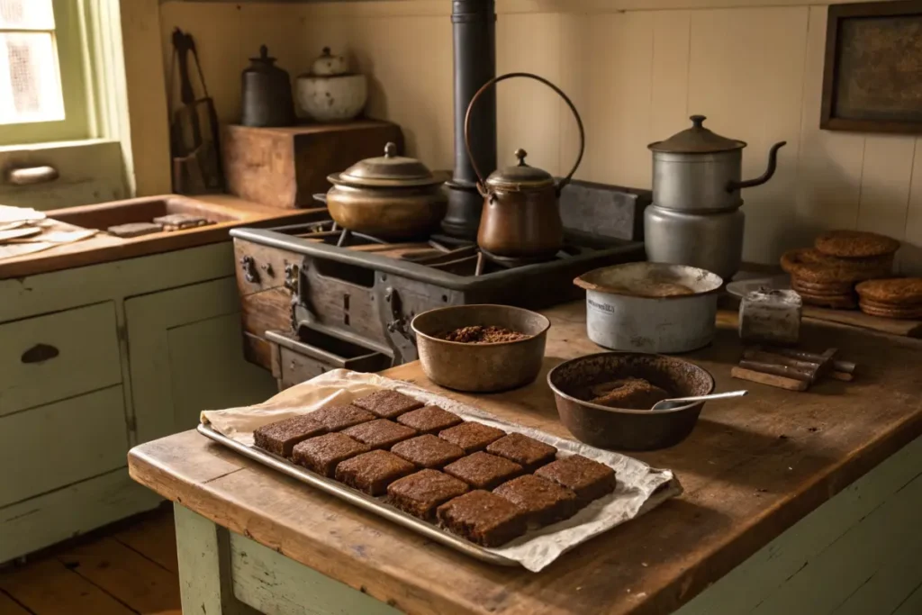 A historical kitchen scene showing early brownie preparation.