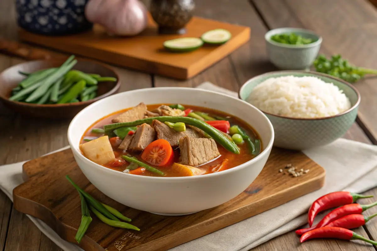 Bowl of pork sinigang with fresh vegetables on a wooden table.