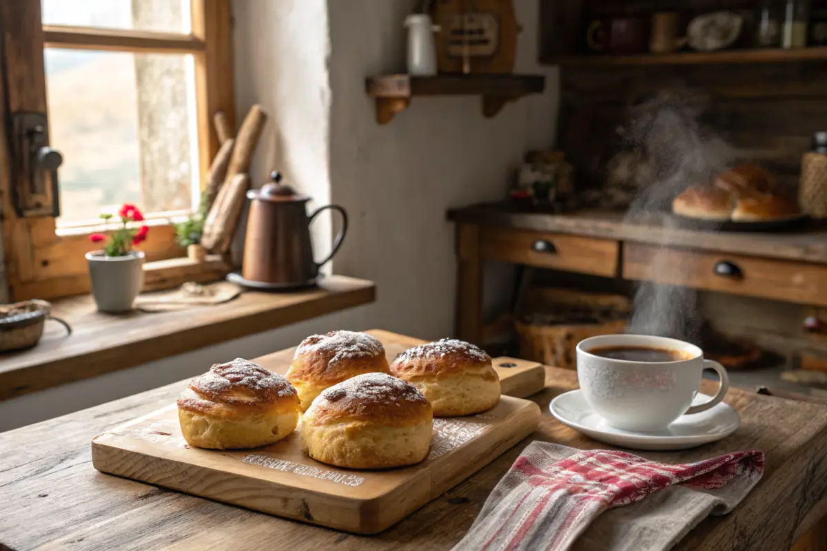 Shaping Gipfeli dough into crescents on a floured surface