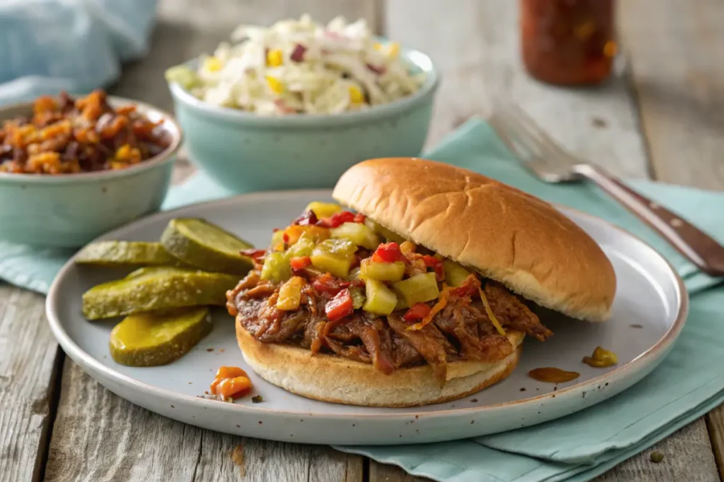 BBQ sandwich topped with Southern Chow Chow relish.