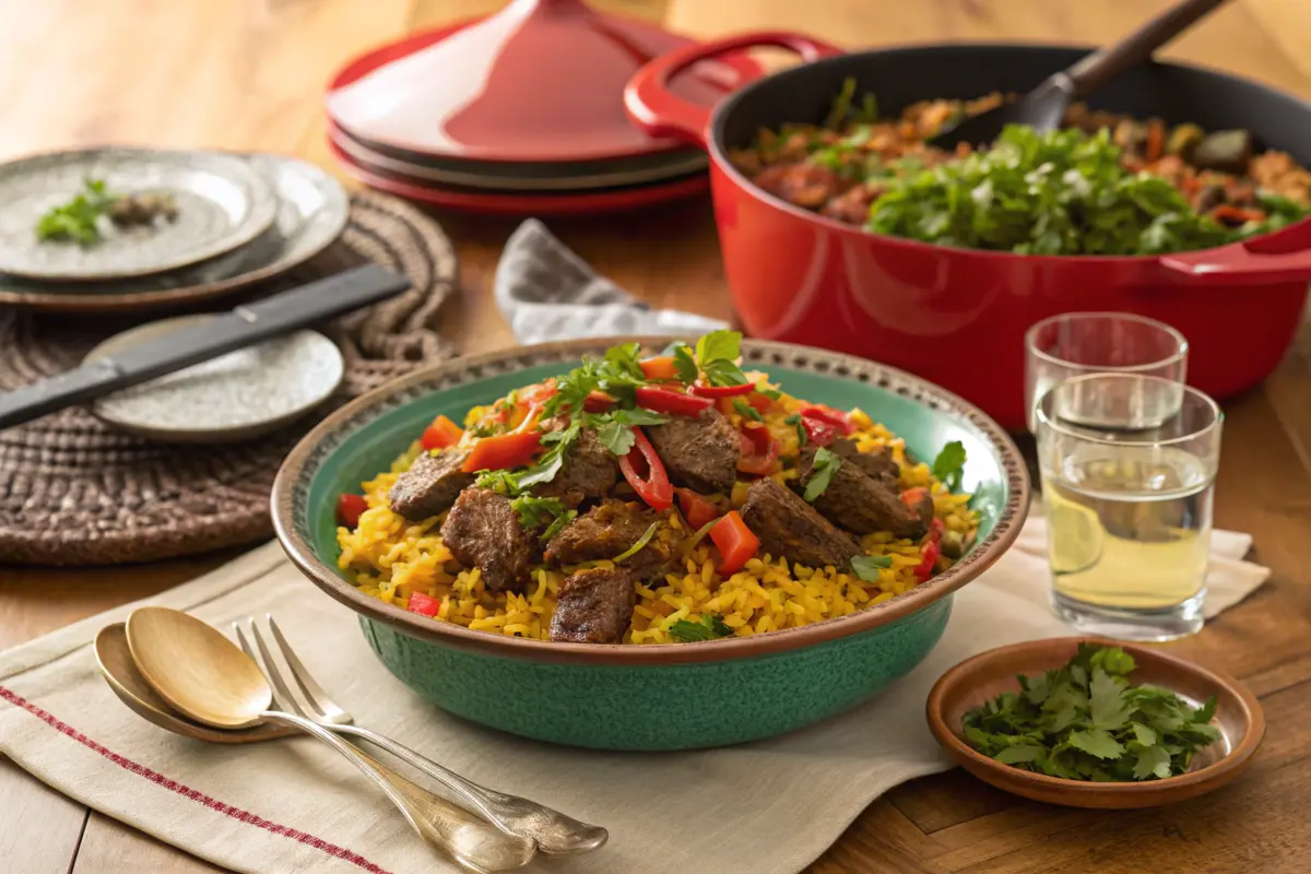 A vibrant beef and rice dish garnished with fresh herbs on a dinner table.