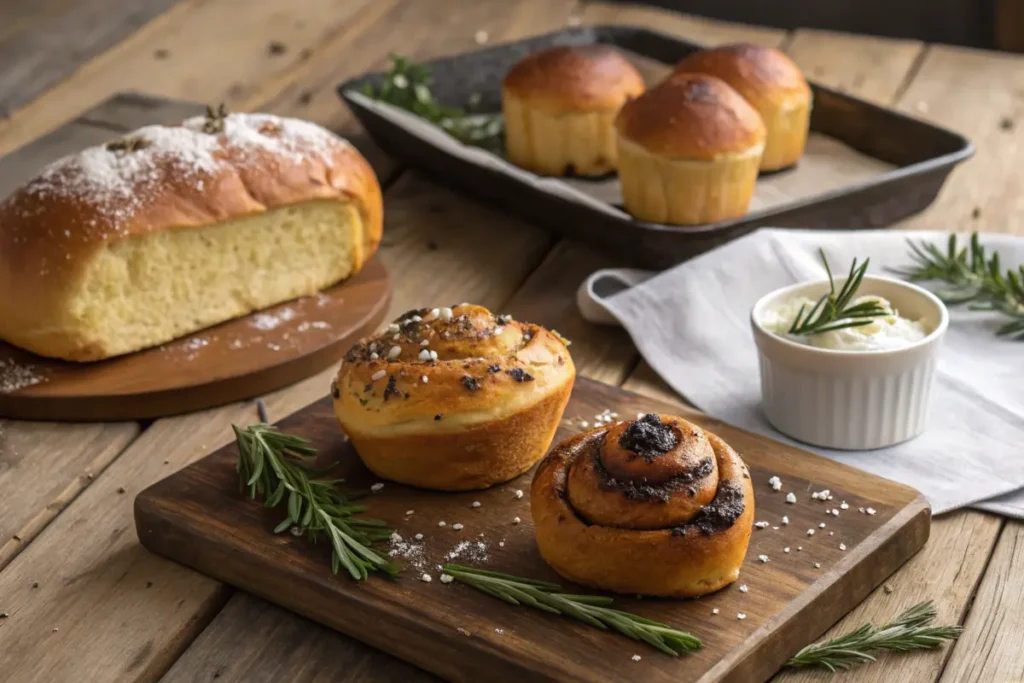 Variations of brioche: loaf, chocolate rolls, and herb buns