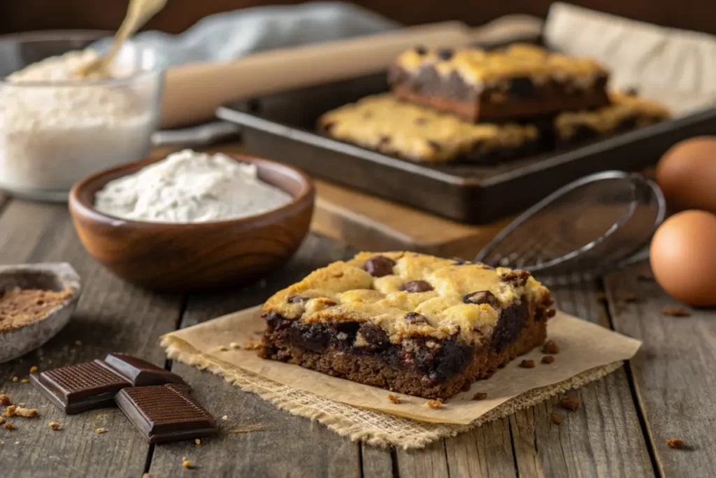 Close-up of a gooey brookie with brownie and cookie layers on a rustic table.