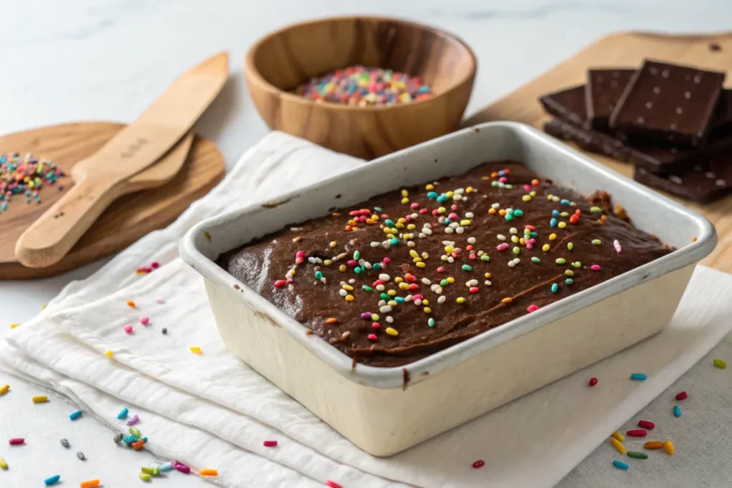 Brownie batter topped with sprinkles ready for baking.