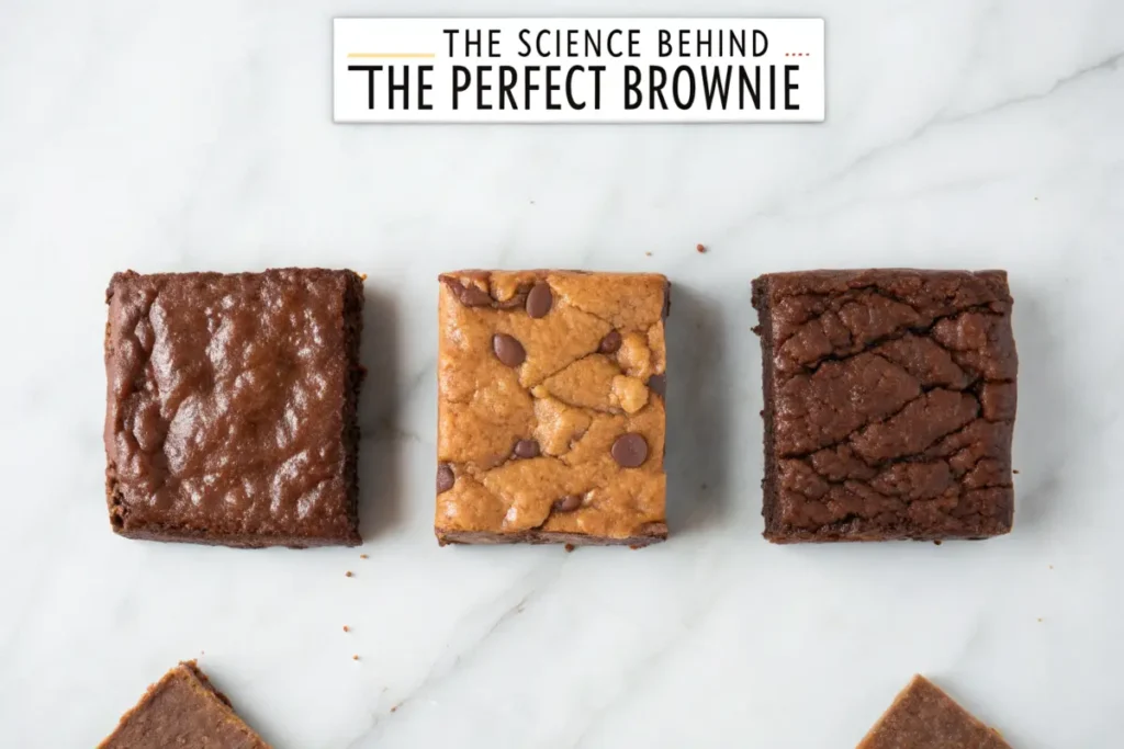 Three types of brownies: fudgy, cakey, and chewy, displayed side by side.