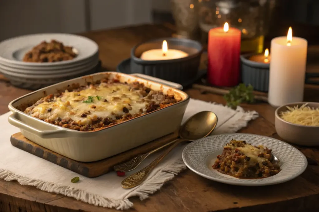 A cheesy beef and rice casserole served in a baking dish.