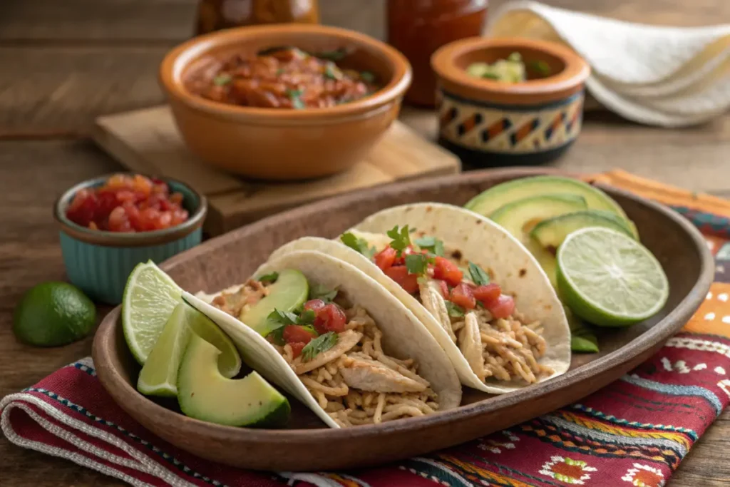 Shredded rotisserie chicken tacos with fresh toppings.