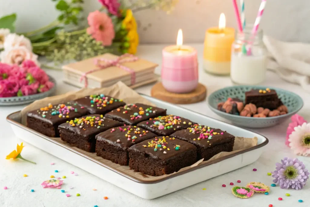 Chocolate brownies with colorful sprinkles on a tray.