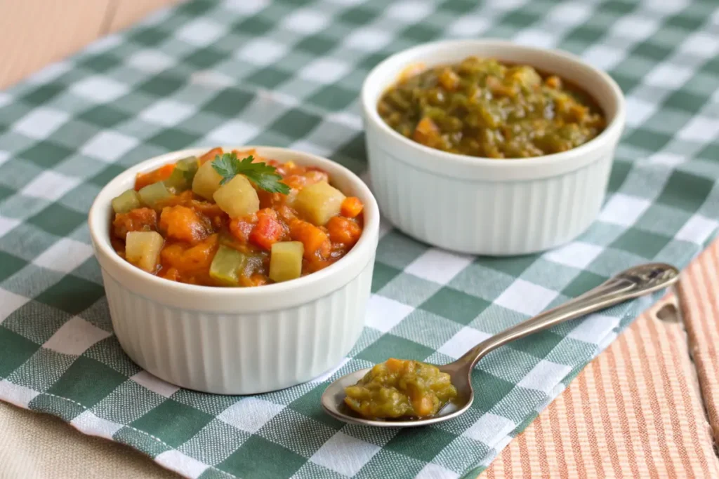 Comparison of chow chow and pickle relish in bowls on a tablecloth