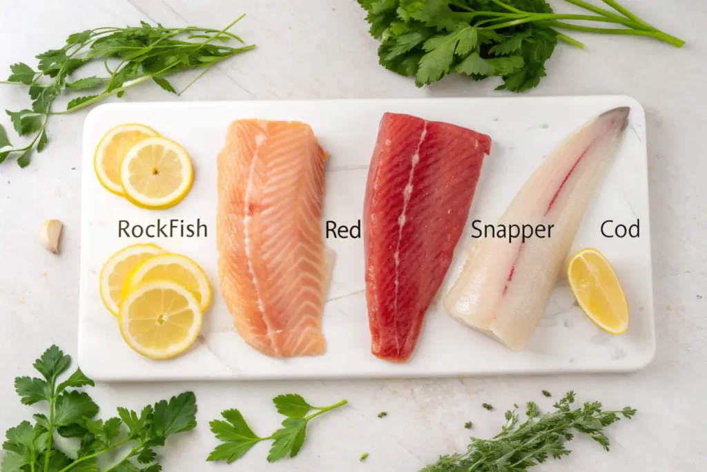 Raw fillets of rockfish, red snapper, and cod on a cutting board