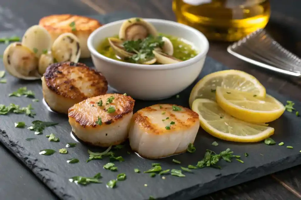 A seafood platter with grilled scallops and steamed clams in garlic butter.