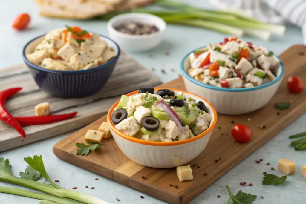 Three variations of chicken salad: classic, Mediterranean, and Asian.