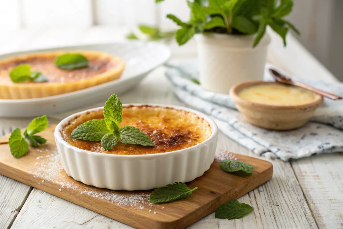 Classic crème brûlée with caramelized sugar topping and custard tart