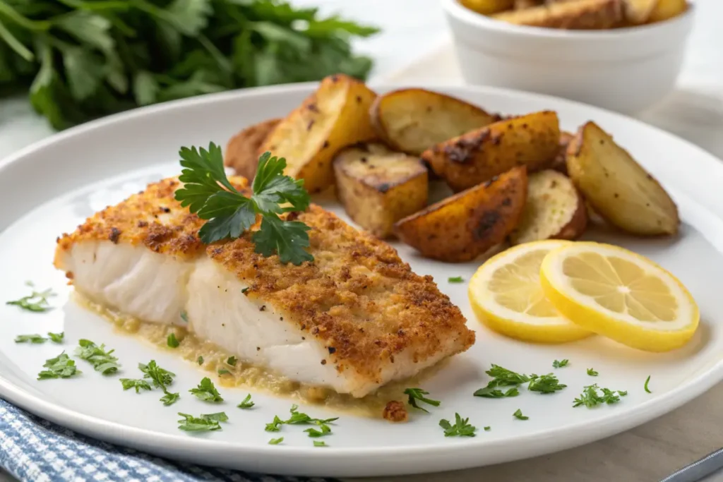 Crispy golden rockfish fillet with roasted potatoes.