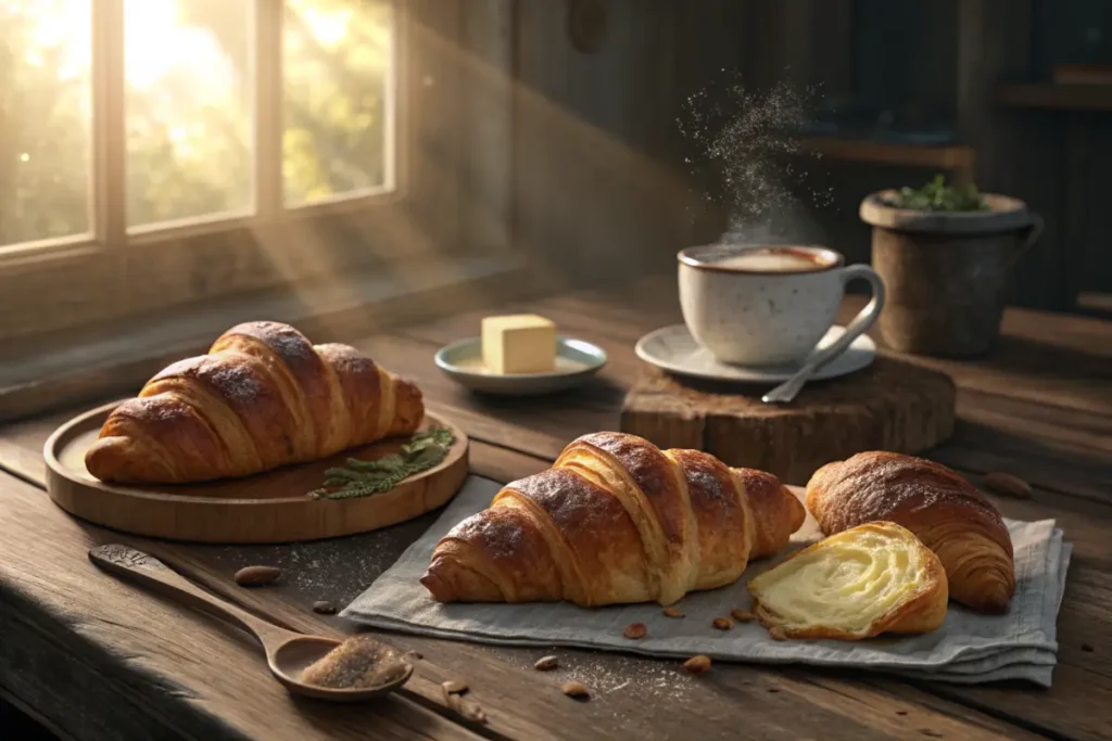 Golden croissants and gipfeli on a rustic table with coffee.