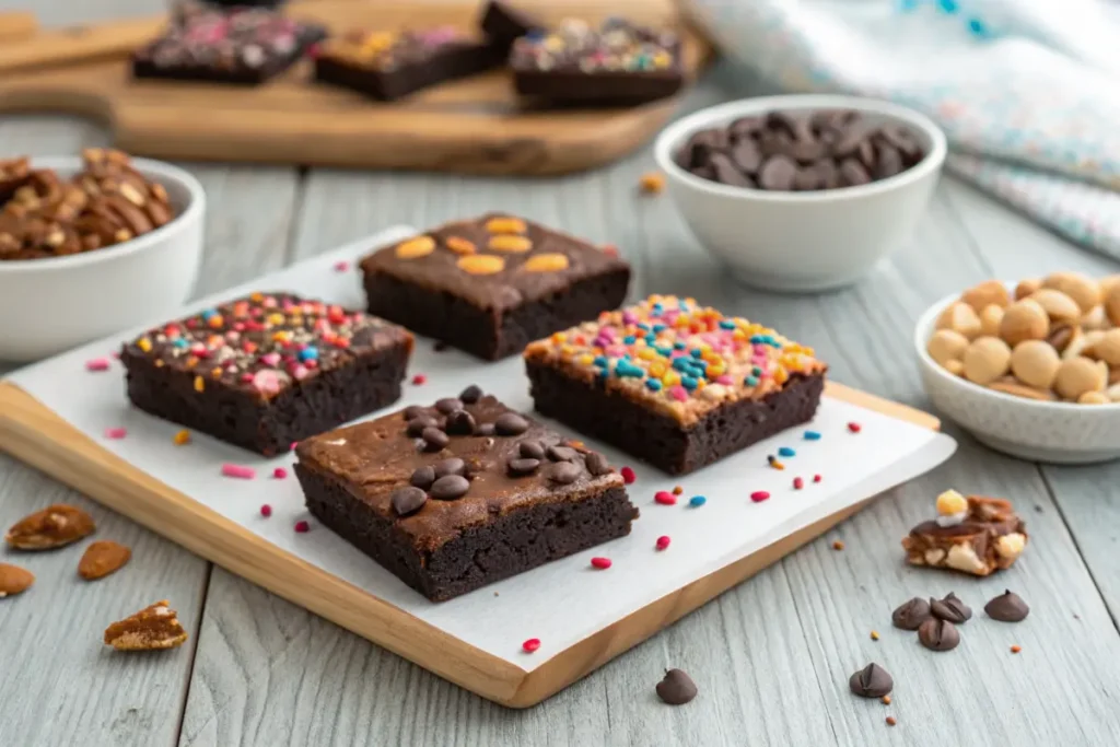 Decorated brownies with sprinkles, chocolate chips, and nuts.