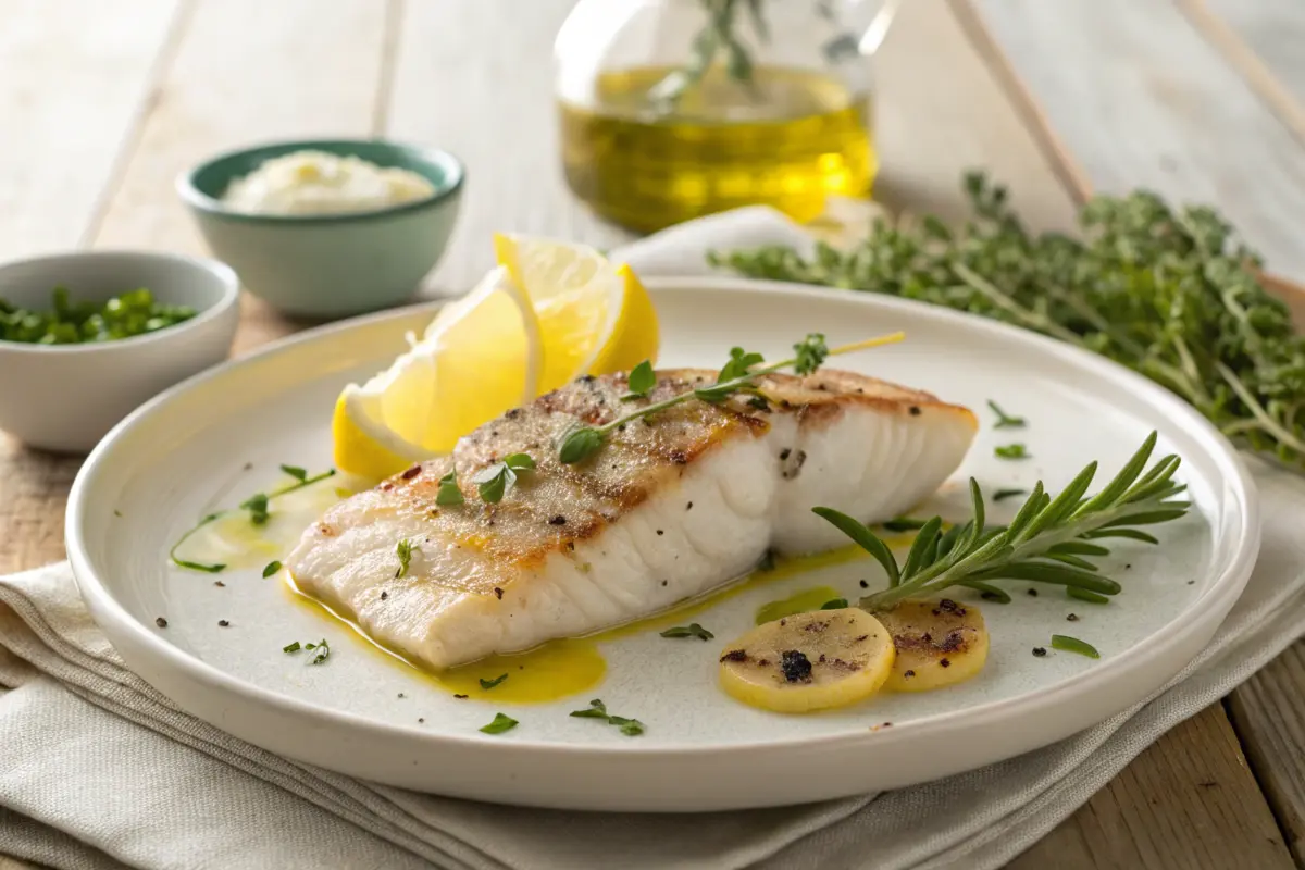 Plated rockfish fillet with lemon and herbs.