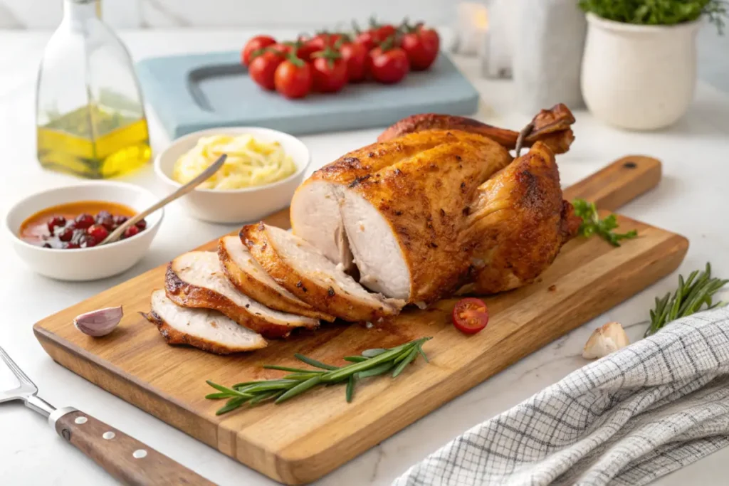 Whole cooked rotisserie chicken on a cutting board.