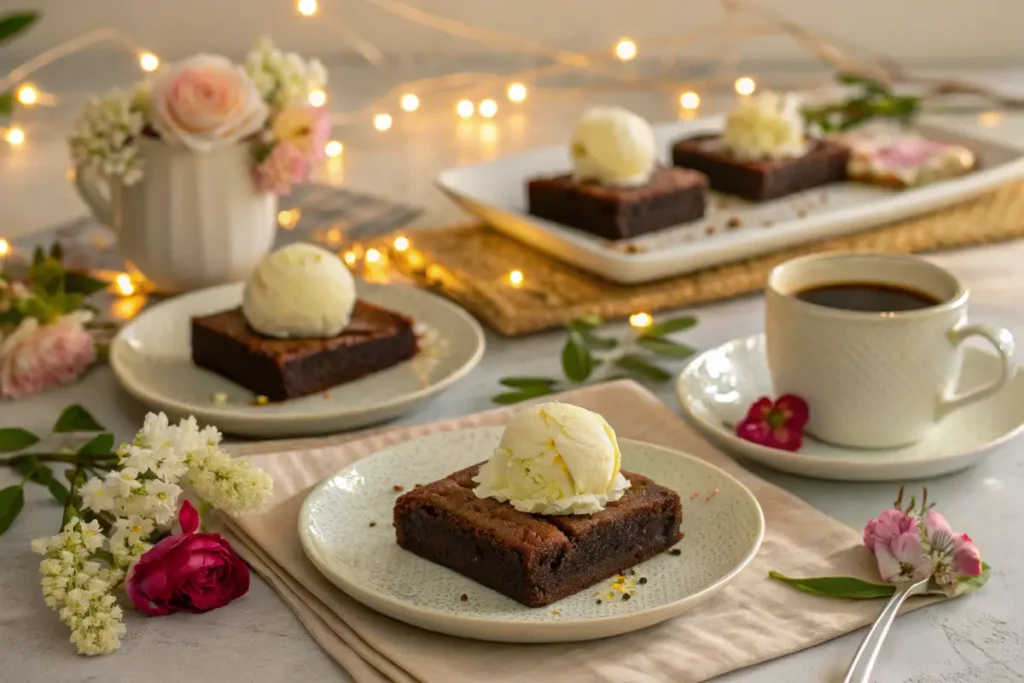 Slutty brownies with vanilla ice cream and chocolate drizzle on a dessert table.