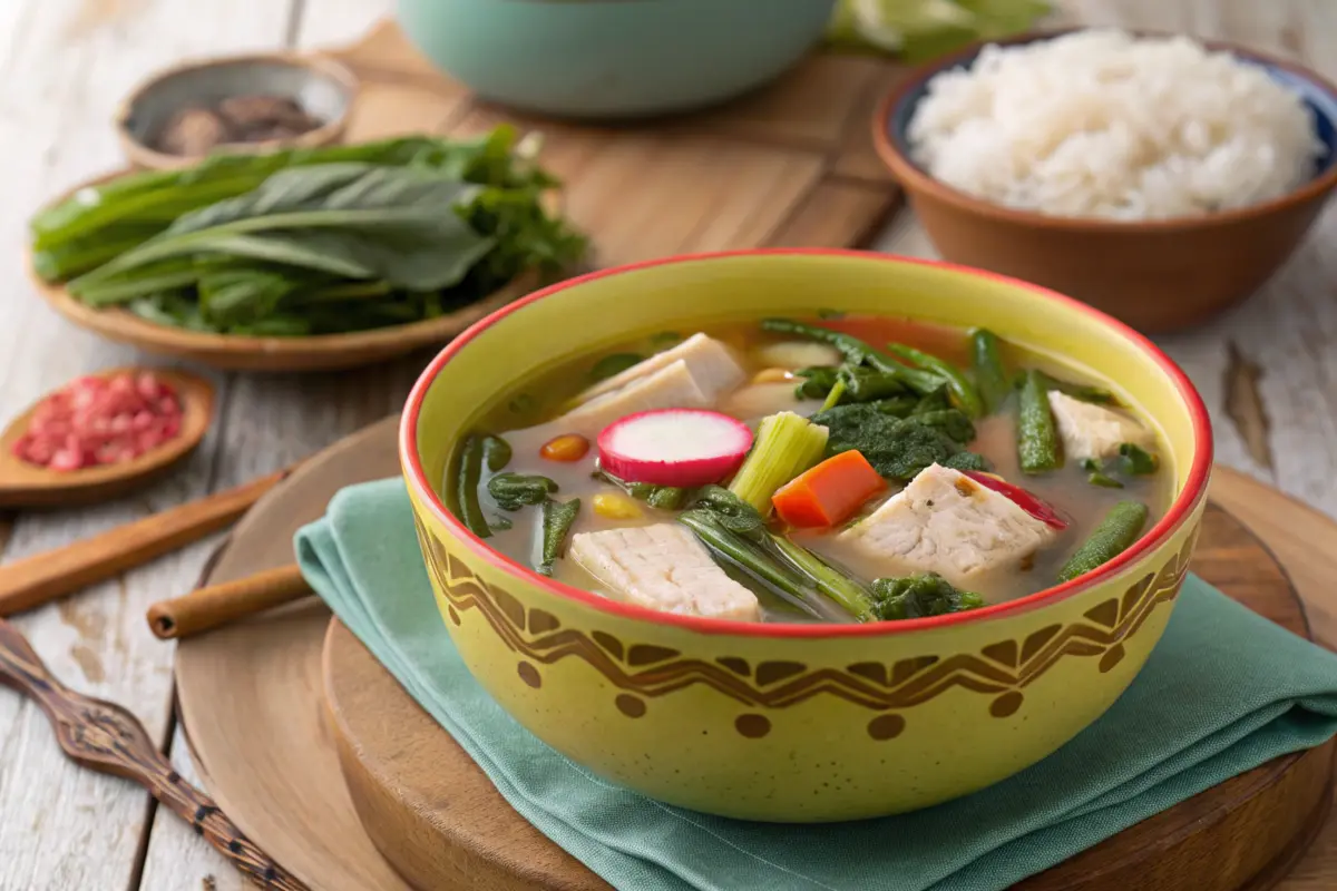 A vibrant bowl of Filipino Sinigang soup with fresh vegetables and fish.