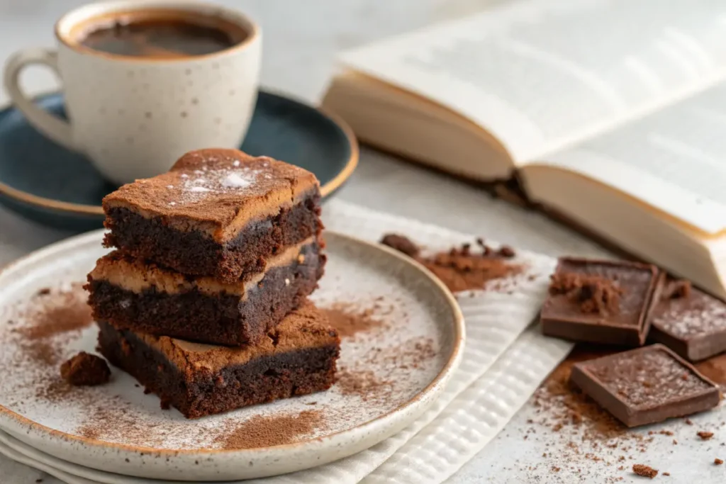 A stack of fluffy, cakey brownies on a plate with a cup of coffee.