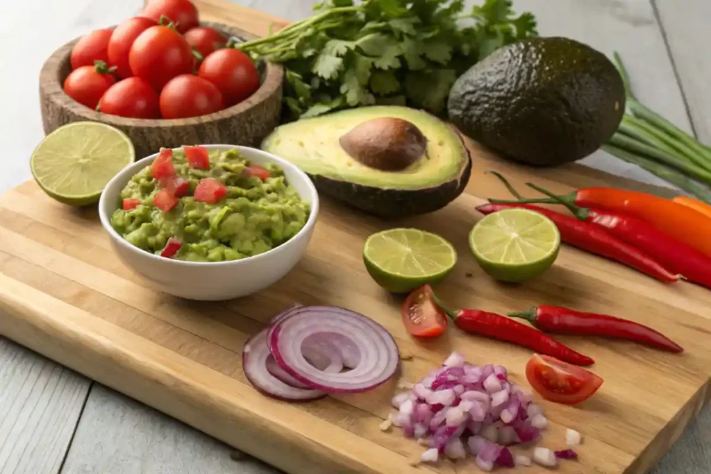 Fresh ingredients for making flavorful guacamole, including avocados, limes, and chili peppers.