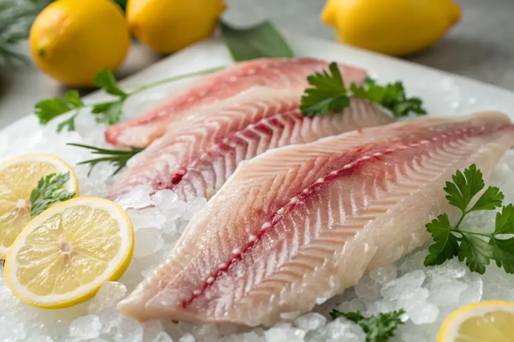 Fresh rockfish fillets on ice at a seafood market.