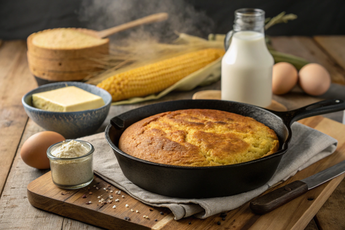 Rustic cast iron skillet with golden Southern cornbread.