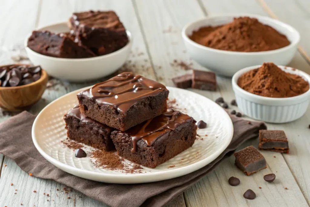 Close-up of fudgy brownies on a rustic table.