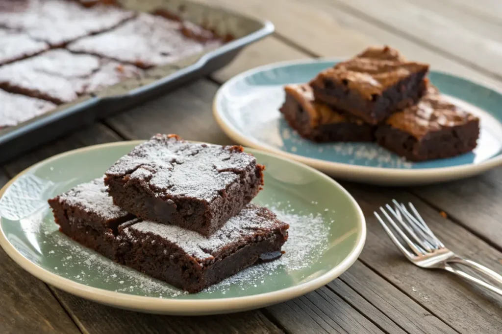 Two plates of brownies: fudgy and cakey side by side on a wooden table.