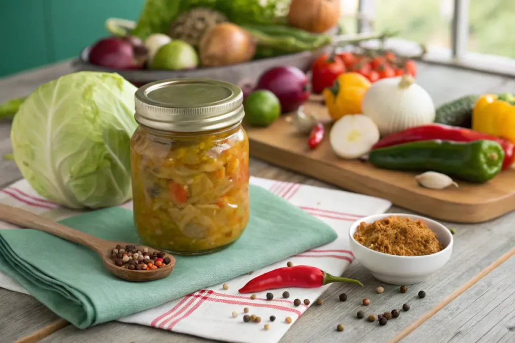 Jar of Full Moon Chow Chow with fresh ingredients