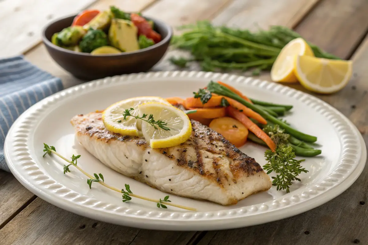 Plated grilled rockfish with lemon and herbs.