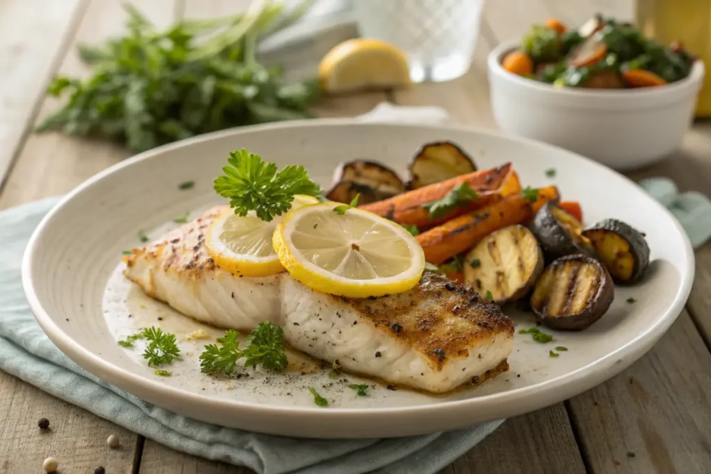 Grilled rockfish fillet with lemon and vegetables