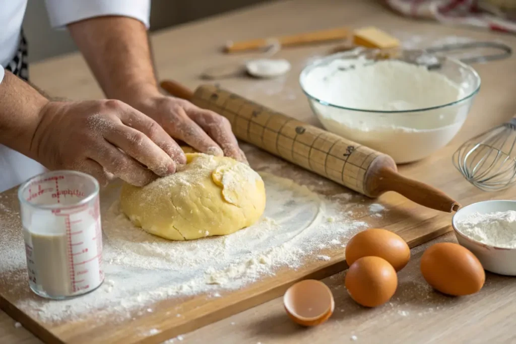 Baker kneading brioche dough on a floured surface