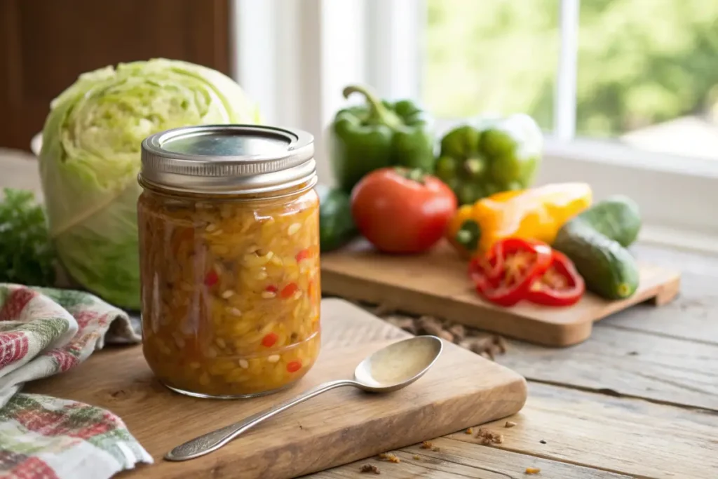 Homemade chow chow relish in a jar with fresh vegetables on a rustic counter.