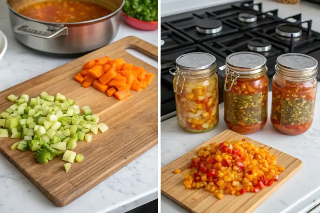 Steps for making chow chow, from chopping vegetables to filling jars