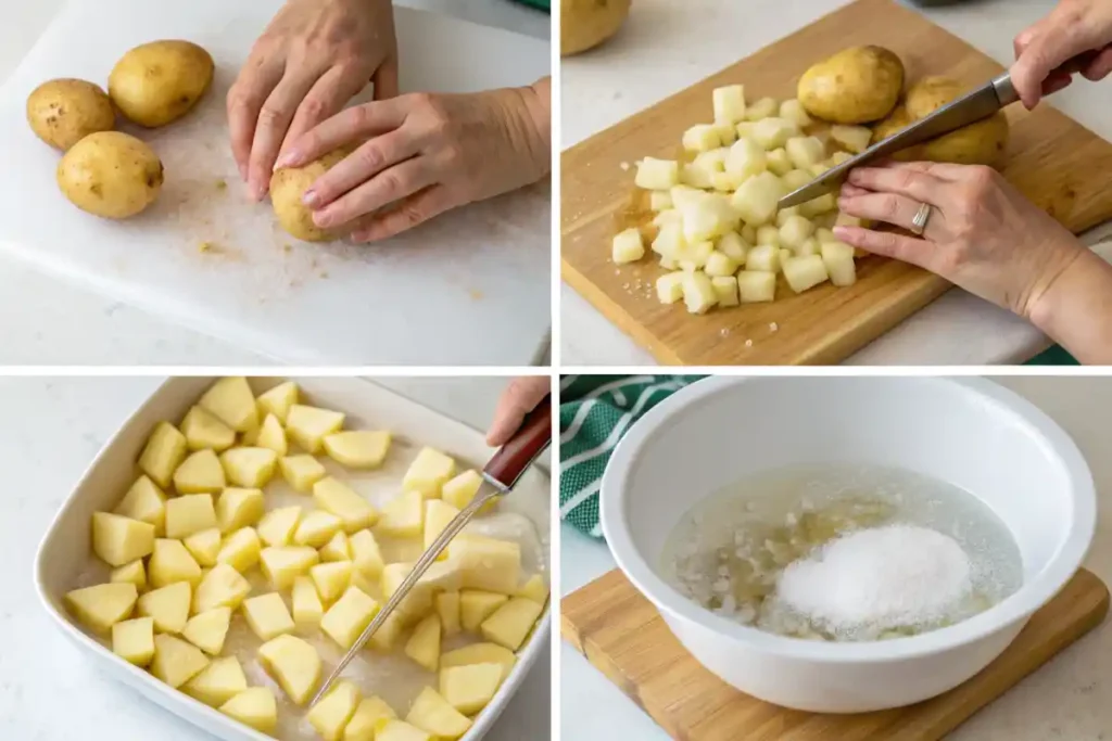 Step-by-step preparation of potatoes: washing, peeling, cutting, and soaking.