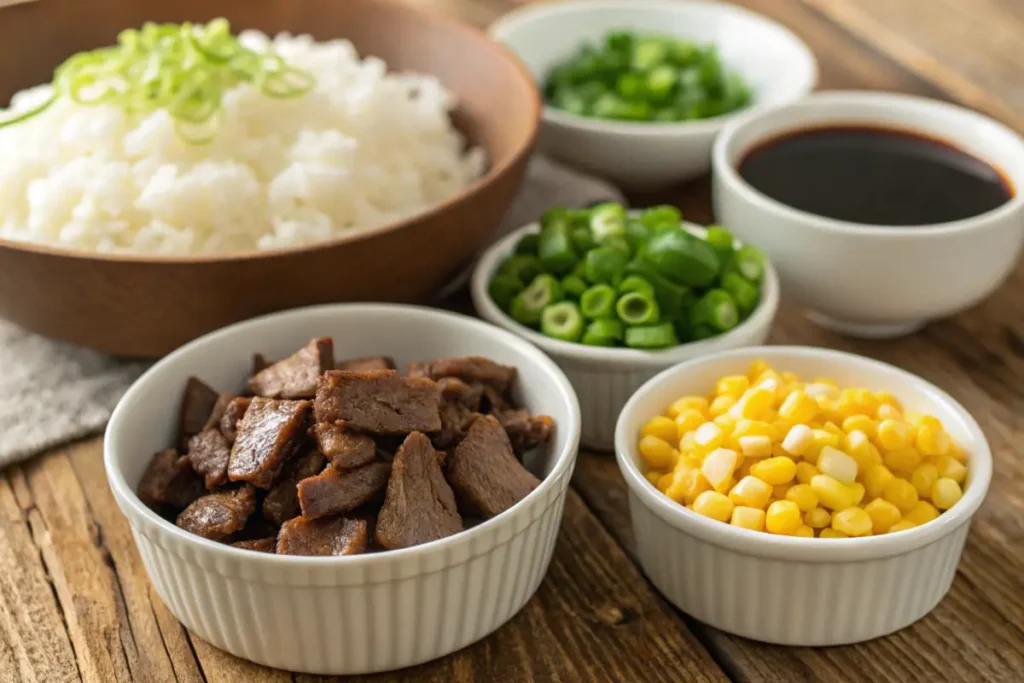 Ingredients for Beef Pepper Rice on a Wooden Table