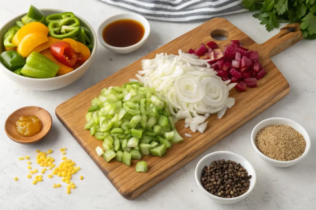 Ingredients for making Southern chow chow relish, including chopped vegetables and spices.