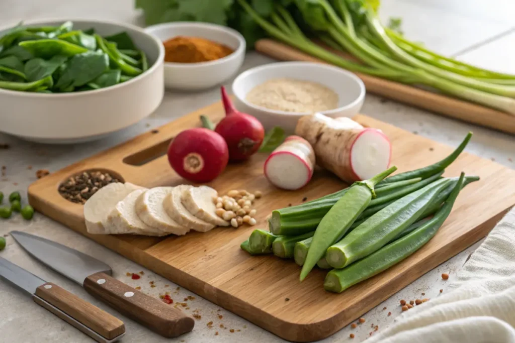 Fresh Sinigang ingredients including tamarind, okra, radish, and spinach.