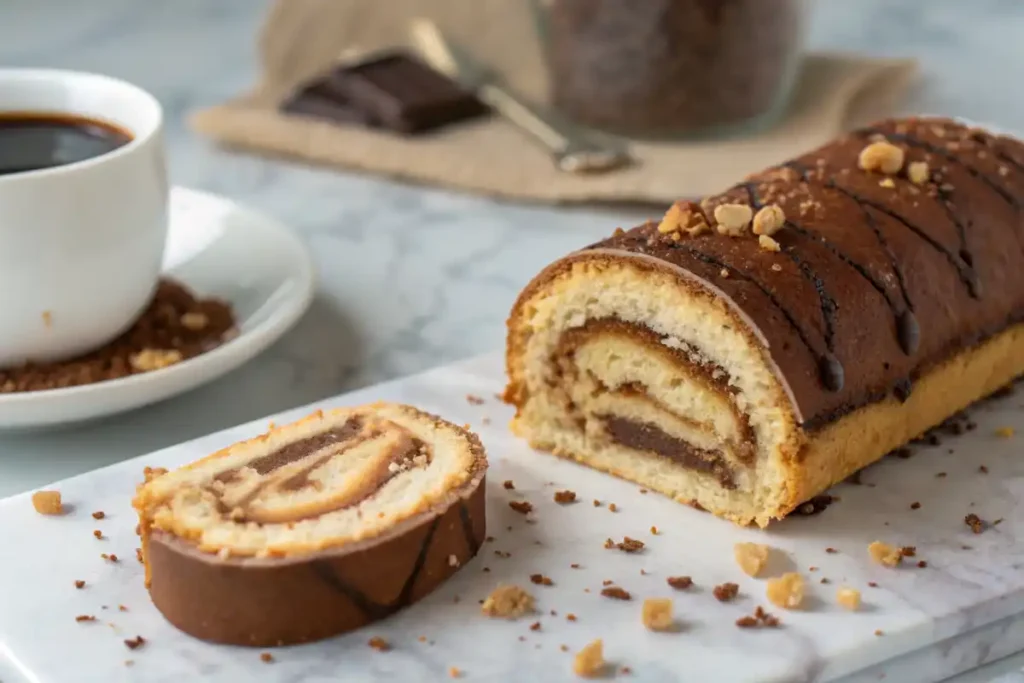 Sliced crookie showing flaky layers and gooey chocolate center.