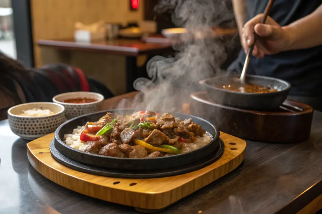 Customer Cooking Beef Pepper Rice on a Hotplate