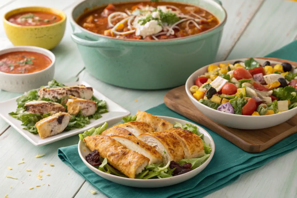 Delicious leftover rotisserie chicken dishes on a rustic table.