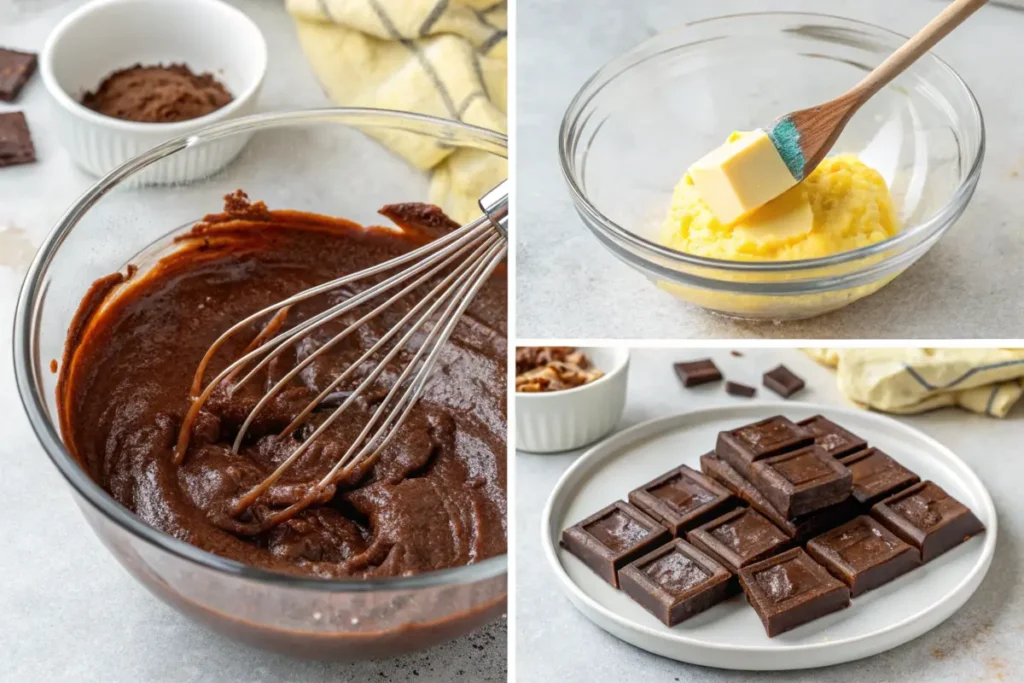 Mixing fudgy brownie batter with melted chocolate, butter, and sugar.