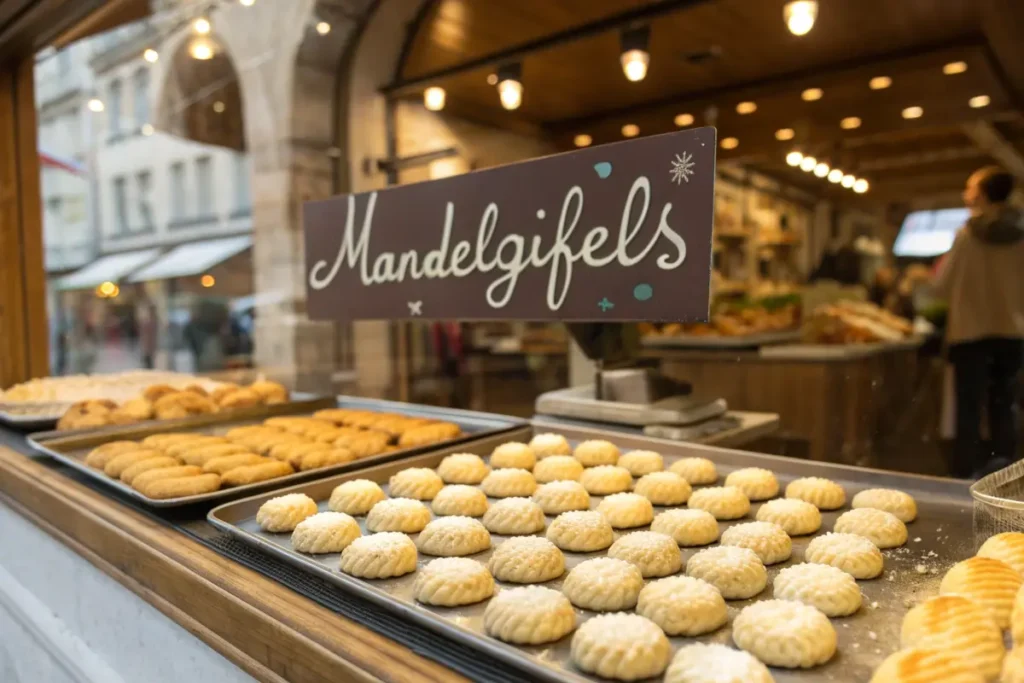 Display of Mandelgipfels in a Swiss Bakery