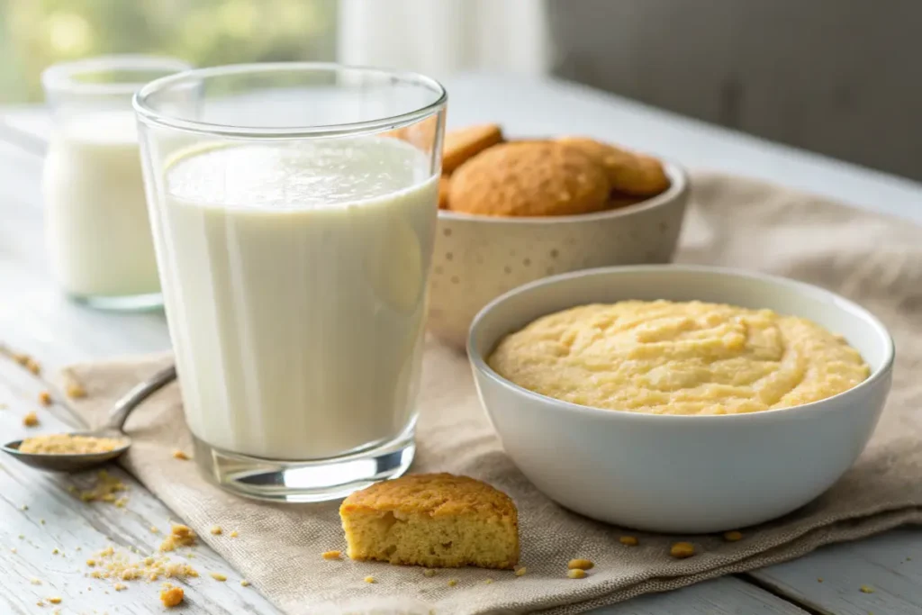 Cornbread batter with milk and a glass of milk