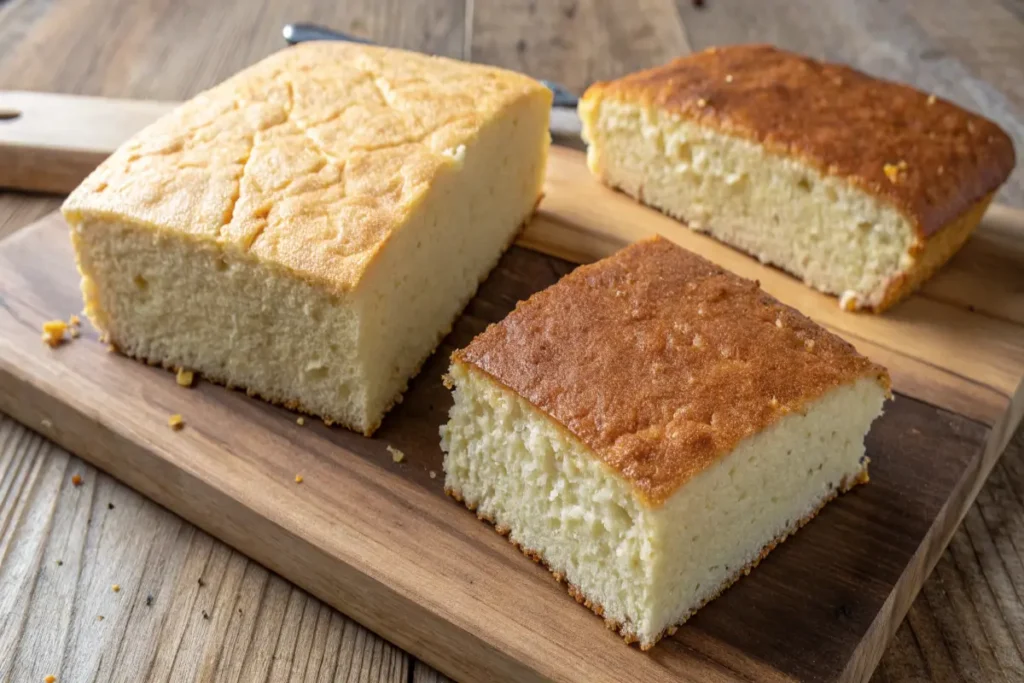 Side-by-side comparison of milk and buttermilk cornbread slices