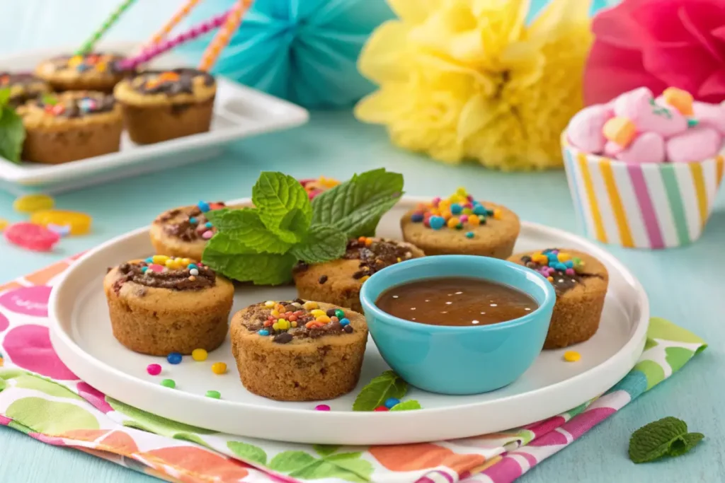 Mini brookies arranged on a platter with garnishes and caramel sauce.