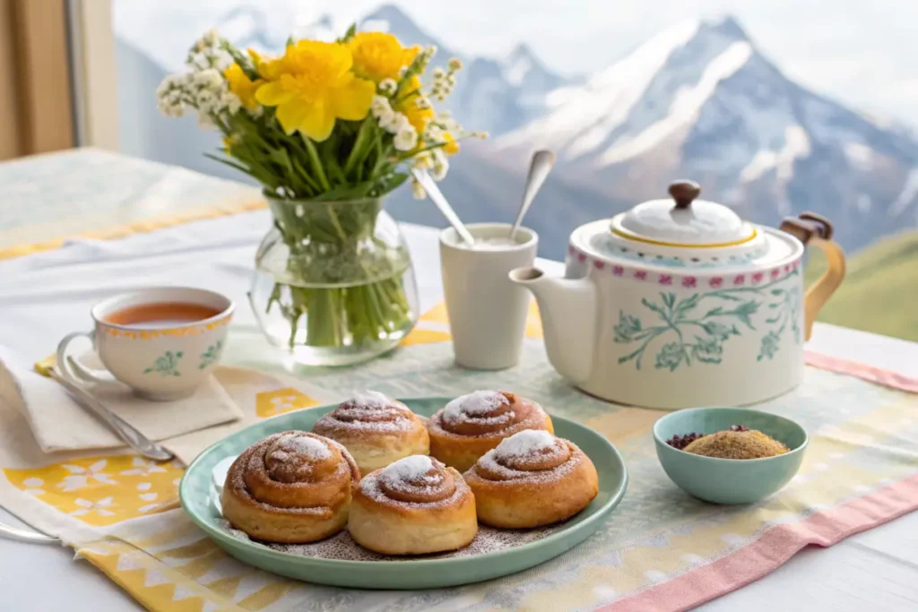  A breakfast table with Nussgipfel pastries and tea.