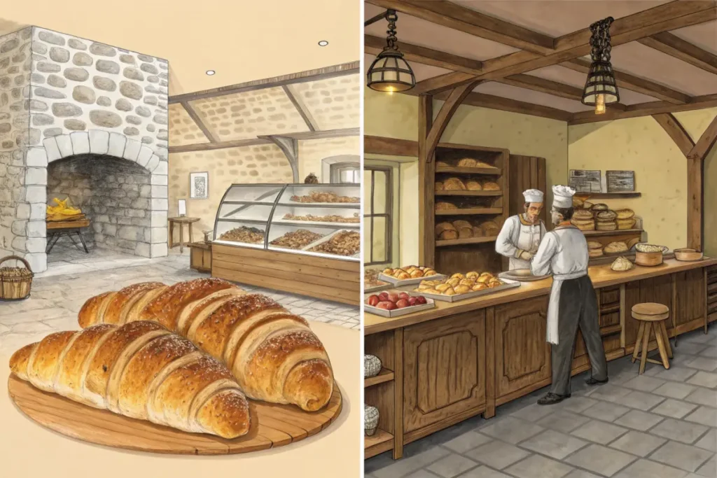  A croissant in a French bakery and a gipfeli in a Swiss bakery.